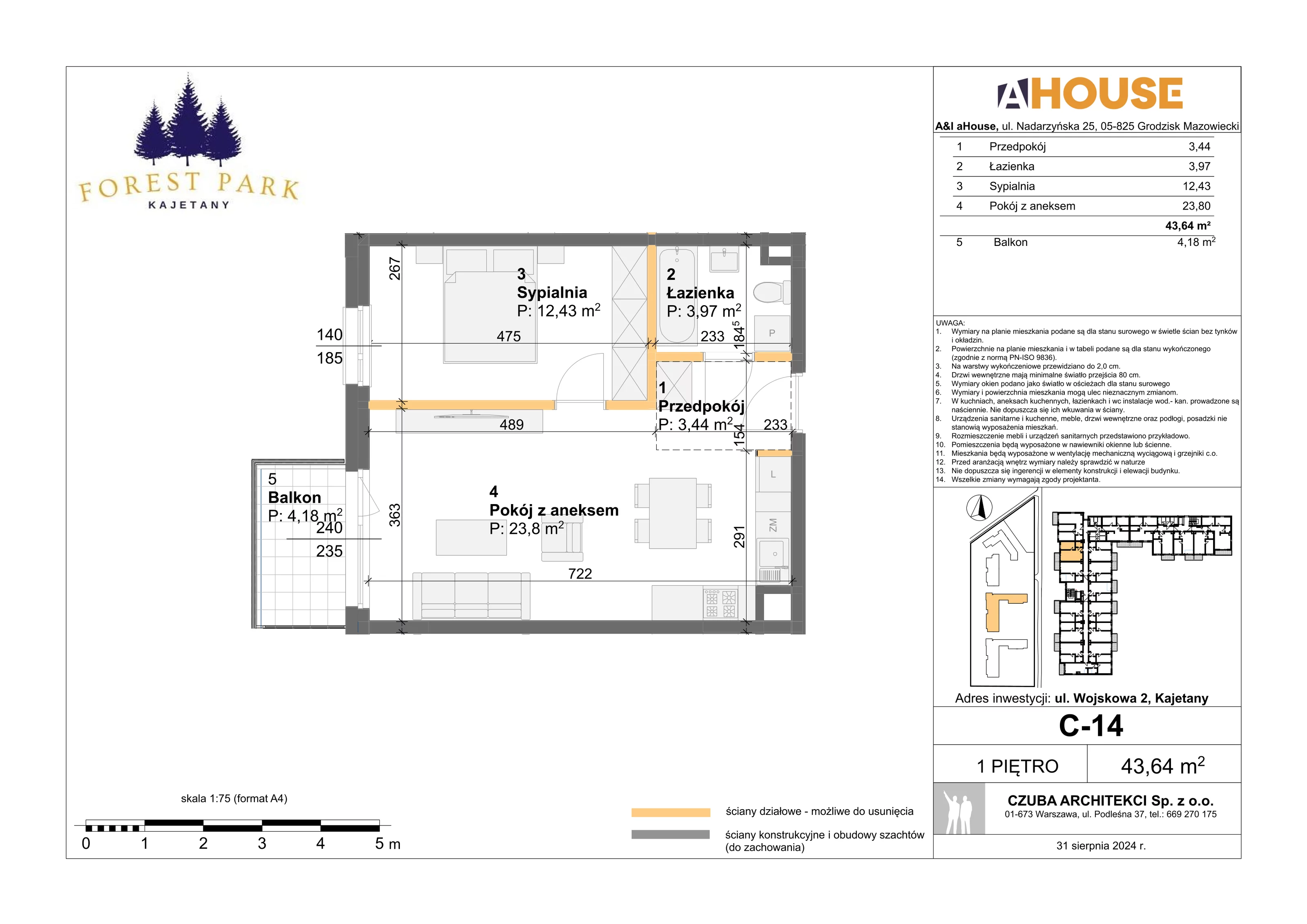 2 pokoje, mieszkanie 43,64 m², piętro 1, oferta nr C-14, Forest Park Kajetany, Kajetany, ul. Wojskowa 2